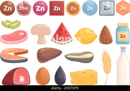 Zinc icons set cartoon vector. Mineral suplement. Vitamin food Stock Vector