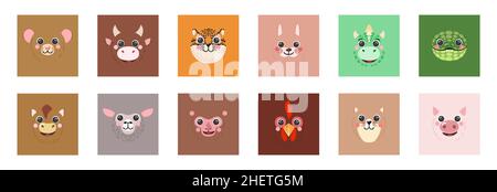 Animals Square faces Set Chinese Zodiac Twelve Signs portraits Icons Cute cartoon illustration flat vector avatars rat, ox, tiger, rabbit, dragon, snake, horse, goat isolated for UI, app, kids poster Stock Vector