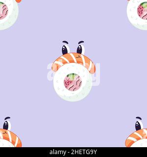 Seamless pattern with sushi roll Japanese food, cartoon maki character with salmon in a flat style, textile seamless pattern. Stock Vector