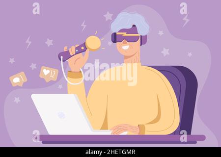 Old lady playing video games, elderly gamer with laptop and headphones smiling. Concept illustration of gray haired grandmother sitting in the Stock Vector
