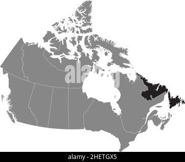 Black flat blank highlighted locator administrative map of the Canadian territory of NEWFOUNDLAND AND LABRADOR inside gray flat map of CANADA Stock Vector
