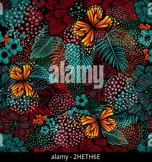 Seamless background from multicolored flowers and butterflies. Vector illustration Stock Vector