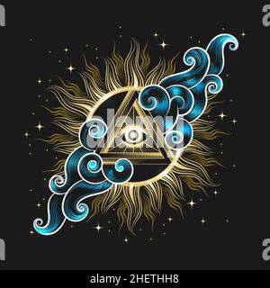 Golden Eye of Providence Inside Pyramid in a Sky and stars isolated on black. Vector illustration. Stock Vector