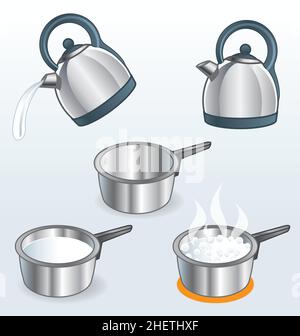 silver metal chrome stylized kitchen kettles and pots icon set pouring boiling water vector Stock Vector