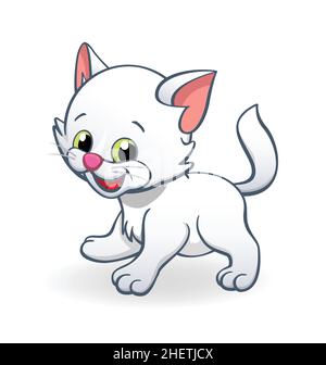 Cute smiling cartoon white kitten cat character standing vector isolated on white background Stock Vector