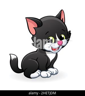 Cute smiling cartoon black and white kitten cat character sitting vector isolated on white background Stock Vector