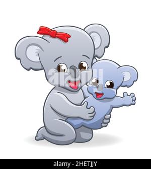 cute koala mother character cuddling baby infant koala illustration vector isolated on white background Stock Vector