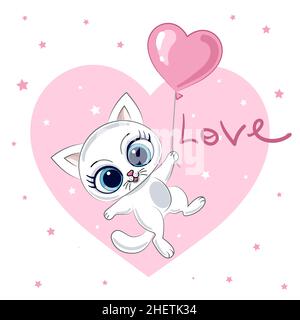 A white kitten flies on a heart-shaped balloon. Vector Stock Vector