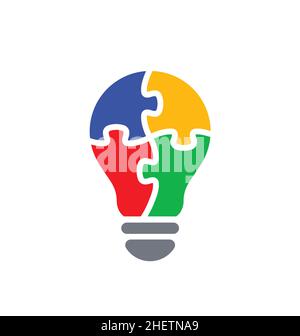 simple light bulb globe with puzzle concept silhouette coloured blue red yellow green icon symbol logo vector isolated on white background Stock Vector