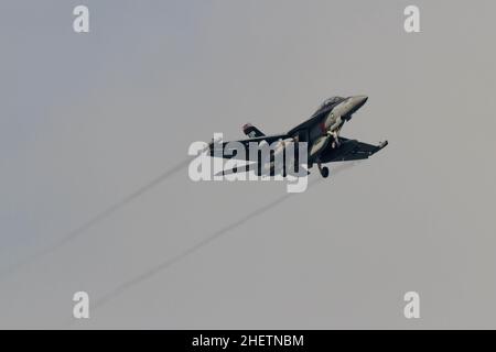 A Boeing EA-18G Growler jet fighter with the VAQ-141, US Navy Electronic Attack Squadron known as the Shadow hawk flies low over Chuo Rinkan in Kanagawa, Japan. Stock Photo