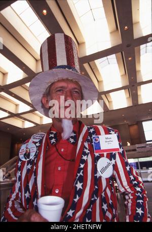 Dallas Texas USA, 1992: Man dressed in Uncle Sam character costume attending a United We Stand rally for supporters of third-party presidential candidate Ross Perot. ©Bob Daemmrich