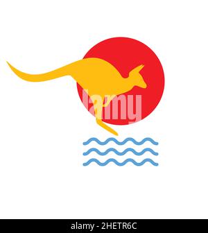 simplified stylised stylized australian kangaroo silhouette with red sun and blue water australia outback logo symbol icon Stock Vector