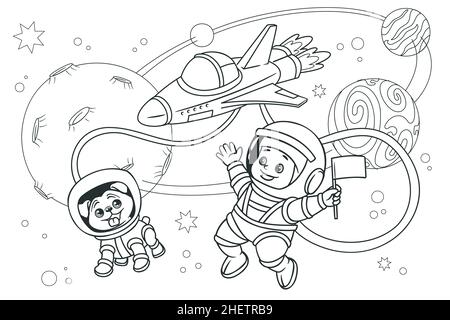 Coloring book ,Kid astronaut with a dog astronaut soar in space against the background of stars and planets. Vector illustration, black and white line Stock Vector