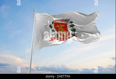 flag of Santos Sao Paulo , Brazil at cloudy sky background on sunset, panoramic view. Brazilian travel and patriot concept. copy space for wide banner Stock Photo