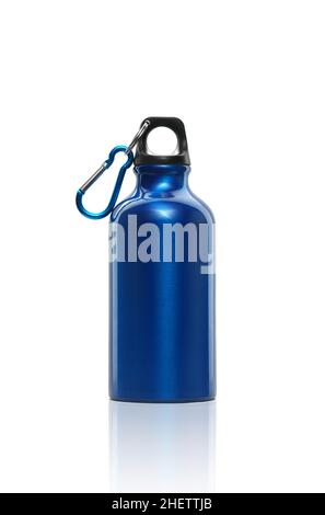 Front view of blue metal water bottle isolated on white background Stock Photo