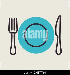 Dinner plate, knife and fork vector color flat icon. Graph symbol for cooking web site design, logo, app, UI Stock Vector