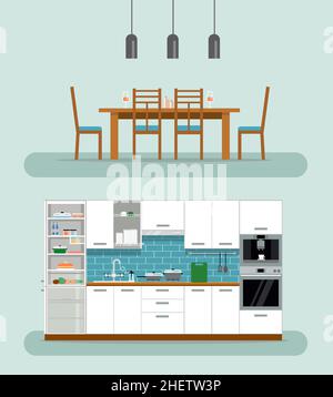 Cozy kitchen interior with table, stove, cupboard, dishes and fridge. Kitchen with furniture set. Flat style vector illustration. Stock Vector
