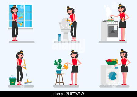 Beautiful woman is a housewife. Set of Housework. A woman doing laundry, cleaning woman, housekeeper, cook. Vector illustration in flat style. Stock Vector