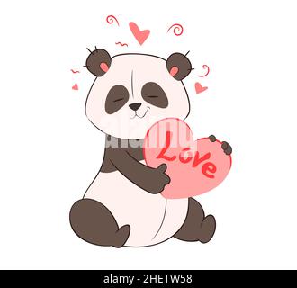 A cute panda holds in its paws a big heart with the inscription Love. Valentine's Day. Vector illustration, doodle, sketch, congratulation , cartoon Stock Vector