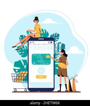 Business series, online shop -modern flat vector illustration concept of women shopping. Website interaction - purchase process. Creative landing page Stock Vector