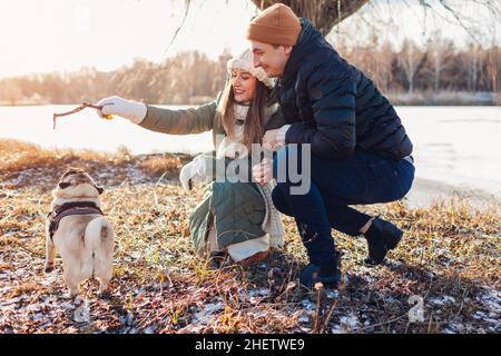 Young couple walking pug dog in snowy winter park. Master playing with pet holding stick. Outdoor activities with animals Stock Photo