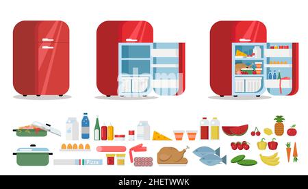 Flat fridge vector. Full and empty retro red refrigerator in the kitchen. Freezer and food illustration. Set of products. Stock Vector