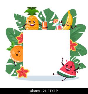 Funny frame with tropical leaves, fruits and flowers. Background for invitations, promotions, sales and events. Vector illustration. Stock Vector
