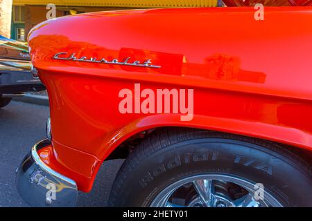 Fernandina Beach, FL - October 18, 2014: Wide angle low perspective front fender view of a 1955 Chevrolet BelAir coupe at a classic car show in Fernan Stock Photo