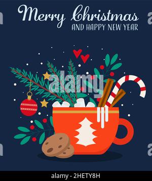 Greeting card. Red mug with cocoa or coffee, marshmallow, caramel cane, cinnamon and Christmas tree. Vector illustration. Stock Vector