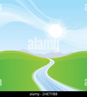 beautiful green grass meadows with flowing stream on sunny day environment vector background Stock Vector