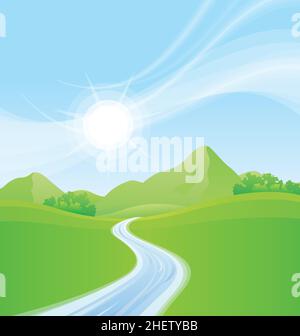 beautiful green meadows and mountains with flowing river stream clear blue sky vector background Stock Vector