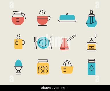 Breakfast and kitchen vector color flat icon set. Graph symbol for cooking web site and apps design, logo, app, UI Stock Vector