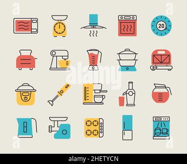 Kitchen appliances electronic electrical equipment tool vector flat icon set. Graph symbol for cooking web site and apps design, logo, app, UI Stock Vector