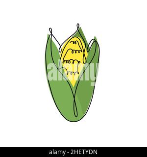 Hand drawn vector illustration of a sweet corn in single line style. Cute llustration of a vegetable on a white background Stock Vector