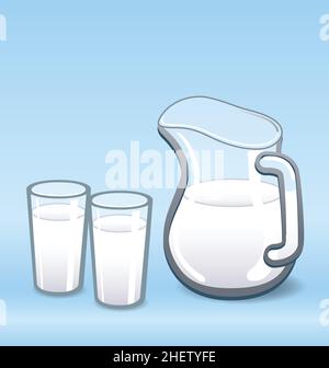 cartoon Milk jug and 2 drinking drink glasses of milk illustrated vector illustration Stock Vector