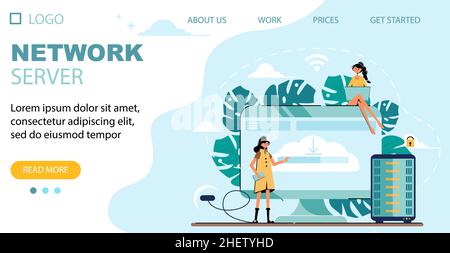 Landing page template of Network Server Illustration Concept. Modern flat design concept of web page design for website and mobile website. Pretty wom Stock Vector