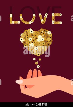 Love, heart with elements of golden glitter. Love, feelings and recognition. Vector illustration. Stock Vector