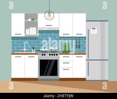 Modern cozy kitchen interior. Furniture and stove, dishes, fridge and utensils. Flat style, vector graphic design template. Stock Vector