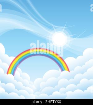 above the clouds clear blue sky with sun and rainbow vector background Stock Vector