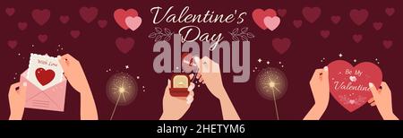 Greeting card. Hands hold a diamond engagement ring, an envelope with a postcard, a valentine card and sparklers. Flat vector illustration. Stock Vector