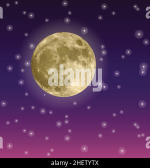 full moon photo real in purple night sky with stars vector illustration Stock Vector