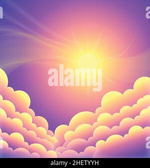 above clouds beautiful purple pink sunset sky with yellow sun background vector Stock Vector