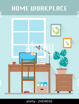 Home workplace flat vector design. Workspace for freelancer and home work. Vector illustration. Stock Vector