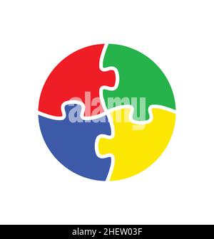 4 simple round puzzle pieces connected together to form a circle disc red blue green yellow vector isolated on white background Stock Vector