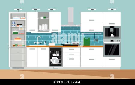 Modern cozy kitchen interior, flat style, vector graphic design template. Stock Vector