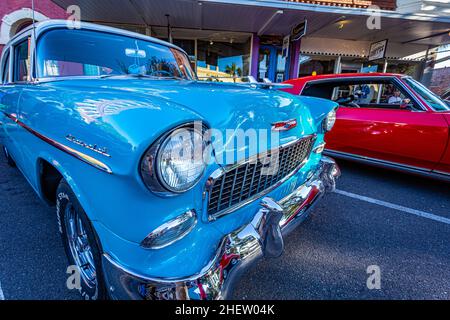 Fernandina Beach, FL - October 18, 2014: Wide angle low perspective front corner view of a 1955 Chevrolet BelAir coupe at a classic car show in Fernan Stock Photo