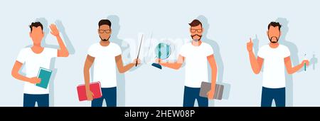 Male teachers with a globe, books and a test tube. A set of white-skinned and dark-skinned beautiful teachers. Concept for schools and education. Vect Stock Vector