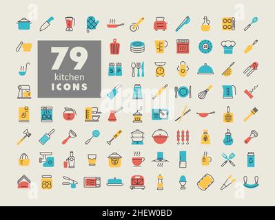 Cooking and kitchen vector color flat icons set. Graph symbol for cooking web site design, logo, app, UI Stock Vector
