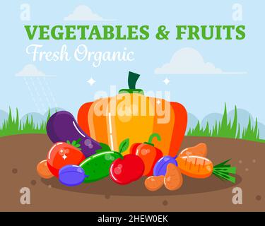 Healthy food concept. Vector vegetables and fruits. Farm organic products. Stock Vector