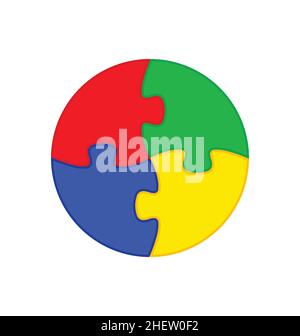 4 simple round puzzle pieces connected together to form a circle disc red blue green yellow vector isolated on white background Stock Vector